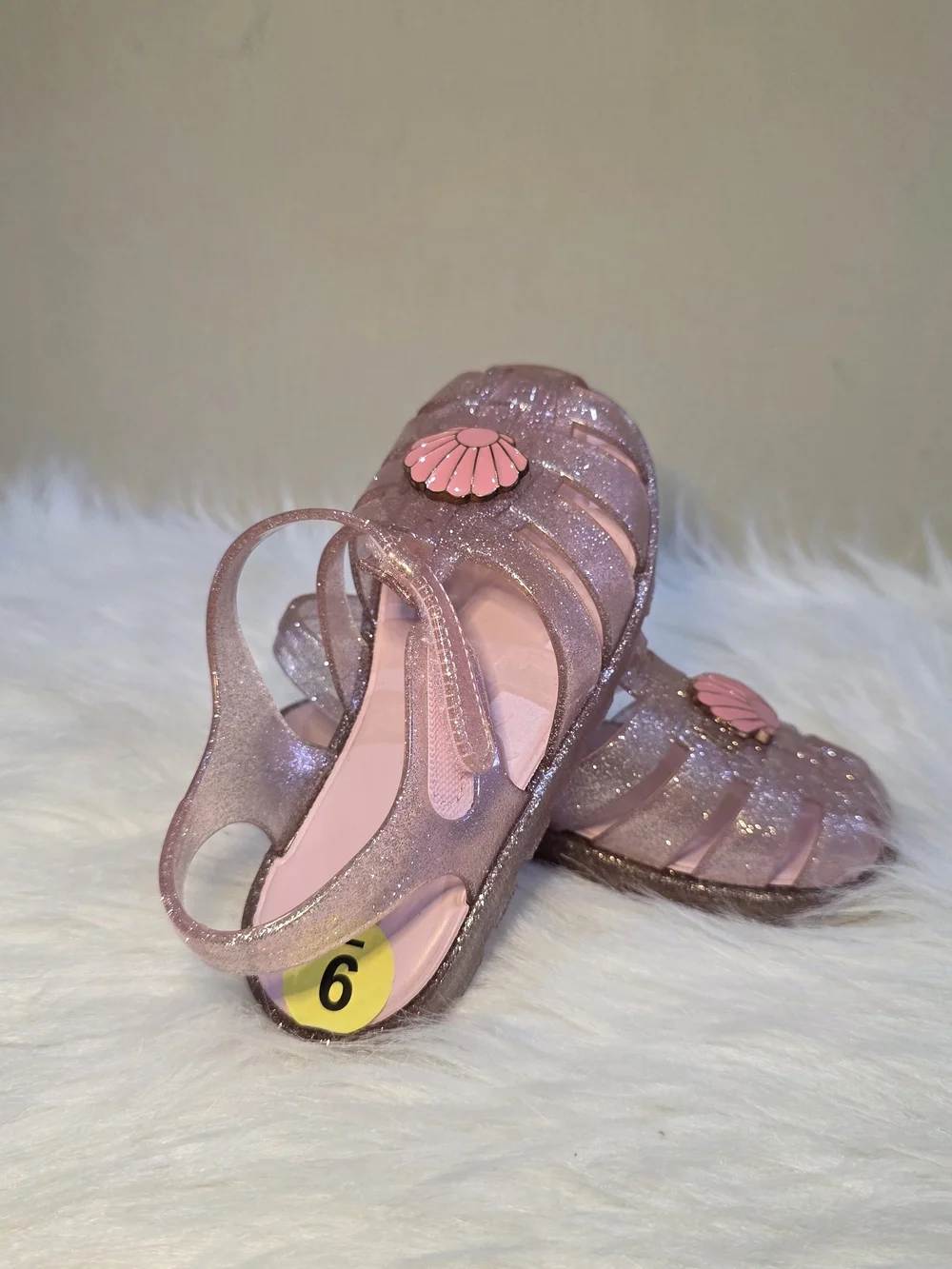 Self Esteem Glitter Pink Jelly Sandals with Shell Charm